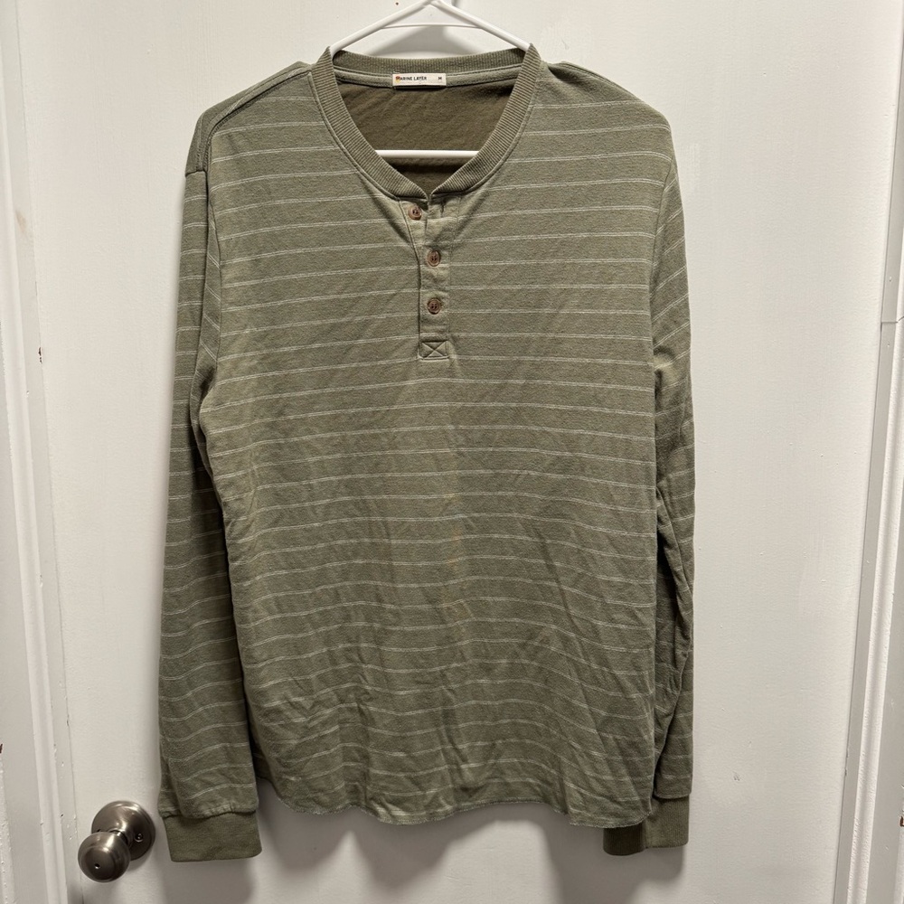 Marine Layer Double Knit Henley Green Striped Long Sleeve Shirt - Men's M